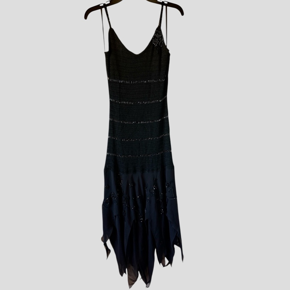 Vintage Caché Black Crochet Beaded Dress Sz 8 Whimsigoth Y2K Asymmetrical Midi